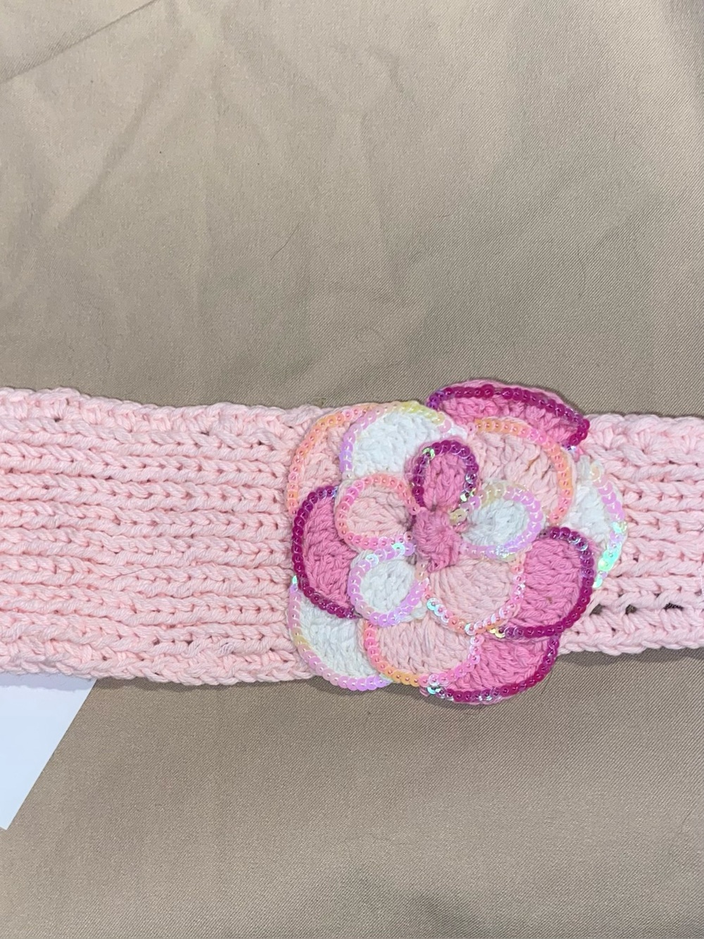 Kids/woman”s Pink Crochet Headband with Sequined Flower